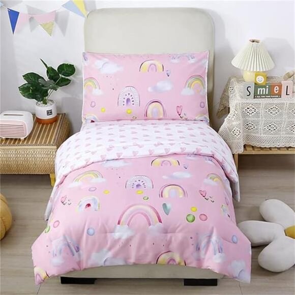 4-Piece Toddler Bedding Set - Ultra Soft Colorful Rainbow Cloud Pink - Picture 7 of 7